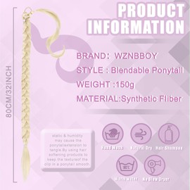 Long Braided Ponytail Extensions with Elastic Hair Tie Straight Wrap with Braid Pony Tails Hair Pieces Natural Soft Synthetic Ponytail Hair Extensions for Women (Bleach Blonde)
