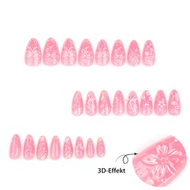 MouyouGlow Press on Nails Short, Almond Pink Base 3D Ribbon Bow Tie Bow Tie Flowers Butterfly Beads Heart Fairy Sweet Coquette Fake Nails with Nail Glue, Summer Artificial Fingernails