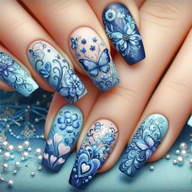 QQPPOLIU Coffin Shape Press on Nails Long Fake Nails Blue False Nails with Butterfly and Flower Design for Women and Girls 24pcs