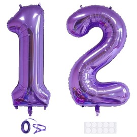 Xihuimay 40 Inch Purple Number 12 Balloons, 2 Pack, Aluminium Foil, Self-Sealing Valve, Perfect for Birthday, Wedding, Bridal Shower, Bachelorette, Graduation Parties