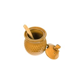 Creative Co-Op Small 3 Piece Yellow with Decorative Bees Stoneware Honey Jar with Lid & Wood Honey Dipper