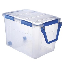 ezystorage 106 Quart Waterproof Clear Blue Clasps Latching Gasket Storage Tote w/ Wheels