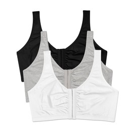 Fruit of the Loom womens Front Closure Cotton Sports Bra, Black/White/Heather Grey 3-pack, 38 US