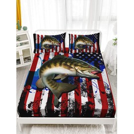 HOSIMA Big Pike Fishing Fitted Sheet,Bass Fish American Flag Pattern Hunting and Fishing Bed Set Queen Size for Boys Room Decor, 1 Fitted Sheet + 2 Pillowcases.