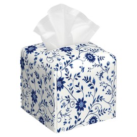 Blue and White Floral Tissue Box Cover,Abstract Boho Flowers Botanical Waterproof Leather Square Tissue Box Cover Case Facial Paper Organizer Dispenser Box Holder for Home Office Bathroom Vanity