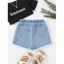Verdusa Girl's Casual Elastic Waist Distressed Denim Shorts with Pockets Light Wash Solid 12Y