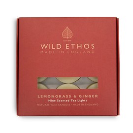 Wild Ethos Scented Tea Lights - Natural Wax - Long Lasting & Blended Natural Essential Oils - Pack of 9 - Made in The UK - Select Your Scent (Lemongrass & Ginger)