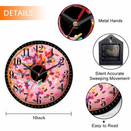 Mxocom Donut Wall Clock Pink Doughnut Food Dessert 10 Inch Silent Non Ticking Battery Operated Clock Vintage Round Clock for Living Room Bedroom Bathroom Office Decor