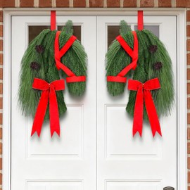 Suncalla 2 Pcs Christmas Horse Head Wreath Artificial Christmas Wreath Green Pine Needles Horsehead Decor with Red Ribbon Pinecone Farmhouse Xmas Garland for Front Door Farmhouse