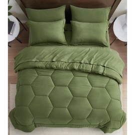 TRP 7 Piece Lightweight Pretty Honeycomb Geometric Stitch Pattern Fall Comforter Set Queen Size | All Seasons Olive Sage Green Color Aesthetic Bedding Warm Plush Soft Luxury Farmhouse Look