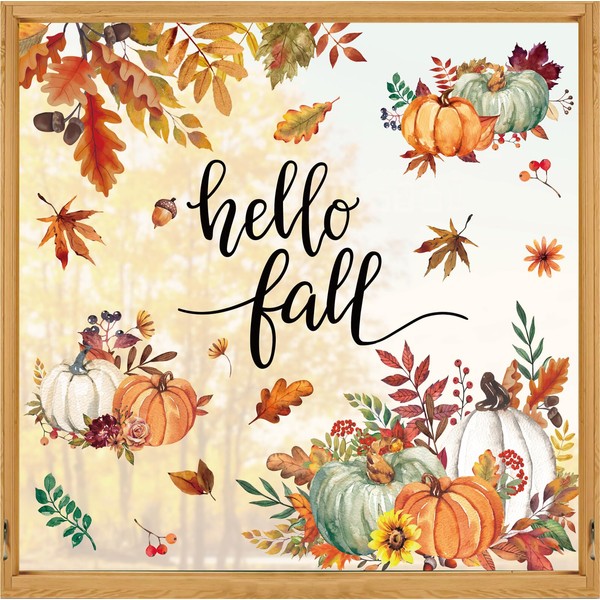 Whaline 6 Sheets Fall Pumpkin Window Clings White Green Orange