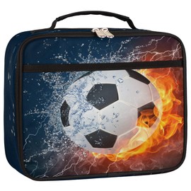 Soccer Insulated Lunch Bag Flame Soccer Kids Lunch Box for Boys Girls Adult, Reusable Back to School Lunch Bag, Leakproof Meal Prep Tote Kit Cooler Bag Lunch Tote Bag for Work Beach Outdoor
