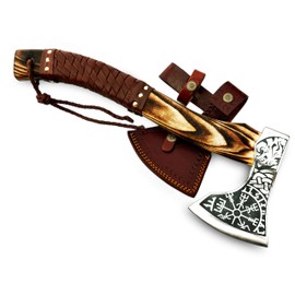 Hand Forged Carbon Steel Etched Viking Axe with (Ash Wood) Handle -with Premium Leather Sheath - Ideal for Camping Axe - Survival Axe - Bushcraft Axe Gift for Him. CX-00786