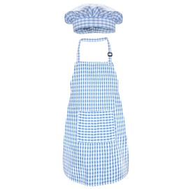Jennice House Kids Apron and Chef Hat Set, Cute Children Baking Aprons for Boys and girls Cooking Artists Painting Gardening Aprons (Blue Gingham, Large)
