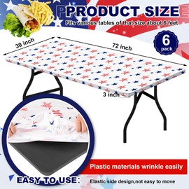 Boao 6 Pcs 4th of July Picnic Table Cover 72 x 30 Inch for 6 ft Tables Independence Day Disposable Table Cloth with Elastic Fitted Rectangle Waterproof for Memorial Day Patriotic Party Supplies