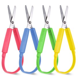 4PCS Loop Scissors, Adaptive Design Scissor, 5.5 Inch Self-Opening Safety Scissor, Mini Squeeze Scissors with Colorful Handle, Right and Lefty Support (Red, Yellow, Blue, Green)