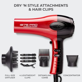KISS 1875 Watt Pro Tourmaline Ceramic Hair Dryer, Styling Edition, 3 Heat Settings, 2 Speed Settings, Cool Shot Button, 7 Blow Dryer Accessories Included, 2-Year Warranty - Red