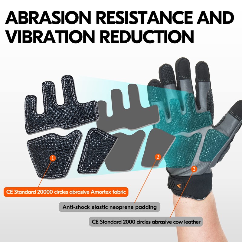 Vgo... Work Gloves Men Touchscreen in Cowhide Palm, Heavy Duty