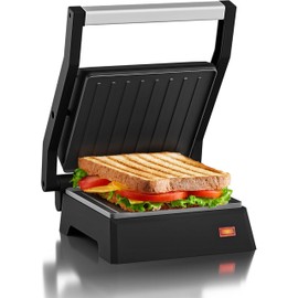 Elite Gourmet EPN160X 5.5 x 5.3" Multifunctional, Compact Electric Panini Press, Contact Grill, 180° Flat Grill, Lightweight, Floating Top-plate, Cool-touch Handle Non-Stick Surface, Black