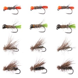 Bassdash Complete Fly Fishing Bristle Flies in Case Stream Tenkara Trout Fishing Fly Set (Set R: 12 Pieces, Nymphs and Dry Flies)