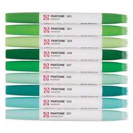 Talens Pantone Marker Set of 9 Green Dual Tip Pen with Brush Tip and Chisel Tip Water-Based Pigmented Ink in Pantone Colours