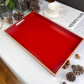 Umisriro Red Decorative Tray, Rectangular Serving Tray with Handles, Plastic Coffee Table Tray for Ottoman, Living Room, Kitchen Tabletop, 15.74” x 10.25” x1.37”