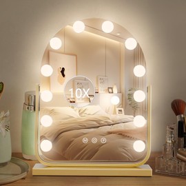 homtang Vanity Mirror with Lights,17.3"×13" Lighted Makeup Mirror with 12 Dimmable LED Bulbs,10X Magnification Smart Touch Control Hollywood Mirror with Lights,3 Colors Dimmable,360° Rotation (Gold)