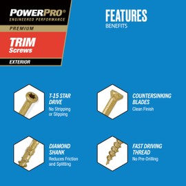 Power Pro 48634 Trim Screws, #9 x 4, All Purpose Wood, Deck, Composite, and Exterior Trim Screws, Rust Resistant, Bronze, 1 lb Box, 64 pcs