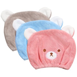 3 Pcs Hair Towel Wrap, Bear Dry Hair Hat, Absorbent Hair Drying Towel Wrap, Cute Bear Embroidery Microfibre Turban Wrap Quick Dry Head Towel Cap, for Bath Shower Washing Hair Spa Towel for Kids