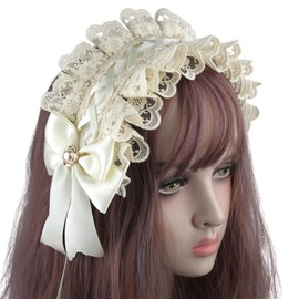 [YOMO HOUSE] Headdress Ribbon Headband Lolita Fashion Gothic Lolita Maid Headband Cute (Off White, One Size Fits All)