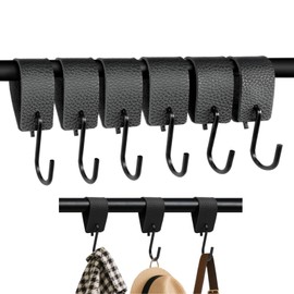 CTYUEYUN Pack of 6 S Hooks with Leather Loop, Black Clothes Hooks for Rail 12.5 x 3 cm, Camping Hooks, Easy to Use, Clothes Hooks, Wardrobe, S Hooks for Clothes Rail, Rod, Kitchen, Bathroom