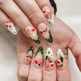 Press on Nails Short Christmas Red,Simple Christmas French Tips False Nails Glue on Nails, Oval Square Acrylic Full Cover Autumn Winter Stick on Nails for Women Girls Manicure Decoration,Green