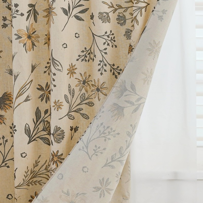 TIVNICO Golden Wildflowers Linen Shower Curtain Set with Liner,72" Wx72