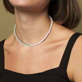 COAI Women's Crystal Necklace with Natural Freshwater Pearls and Natural Stone Pearls, Pearl Stone, Aventurine Pearl