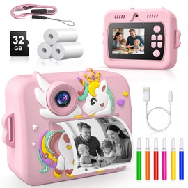 Kids Camera Instant Print, Front Rear Dual Selfie Kids Camera with 1080P Videos, Christmas Birthday Gifts for Girls Boys Age 3-12,Toddler Toys 2.5 Inch IPS with 4 Roller Photo Paper (Pink)