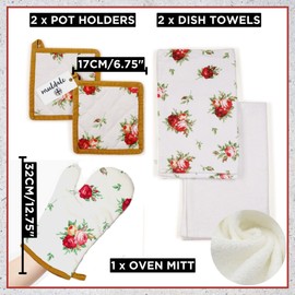 Muldale Oven Glove and Tea Towel Set 5 Pack - Rose Tea Towels and Pot Holders for Kitchen - English Rose Kitchen Decor - Soft and Absorbent - Kitchen Mittens