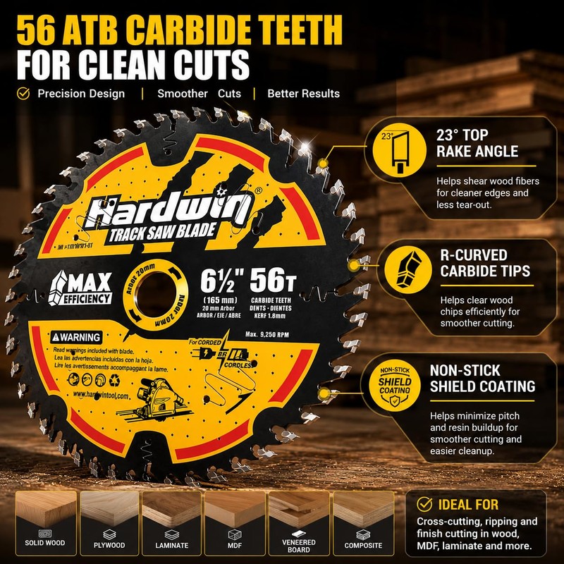 Hardwin 6-1/2" Track Saw Blade 56T 20mm Arbor Thin Kerf