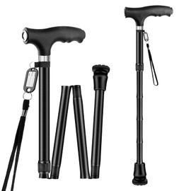 Gehstock Klappbar mit Licht, OOCOME Faltbarer Gehstock Damen Herren Aluminium Schwarzer Gehstock Höhenverstellbar 77cm-90cm, Spazierstock Herren Gehhilfen mit rutschfestem Boden