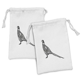 Lunarable Pheasant Fabric Pouch Set of 2, Monochromatic Design Illustration of Unique Bird Side Vista Print, Small Drawstring Bag for Toiletries Masks and Favors, 9" x 6", Charcoal Grey and White