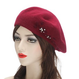 ZLYC Women's Wool Beret Classic French Beret Warm Beret Hat, Floral, Burgundy