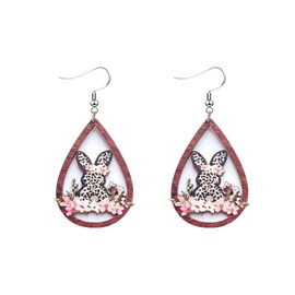 Colorful Easter Bunny Rabbit Wooden Dangle Earrings Cute Leopard Rabbit Flower Teardrop Earring Holiday Jewelry for Women (Rabbit flower)