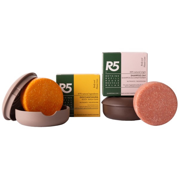 R5 2 in 1 Shampoo and Conditioner Kit + Solid Shower Gel + 2 Solid Holders in 100% Recycled Plastic - Two Soaps of 70g Each (Equivalent to 4 x 300ml Bottles)