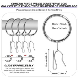 Metal Drapery Curtain Rings - 40 Pcs Curtain Hanging Ring and 40 Pcs Metal Drapery Pin Hooks, 30mm Internal Diameter Pole Rings, Curtains Hoops for Window Poles Shower Curtains Window Rods (Silver)