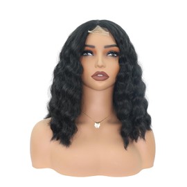 Zifeiya 14 Inch Short Bob Wig Deep Water Wave Glueless Middle Part Wavy Small Lace Wet and Wave Curly Hair for Black Women Natural Looking Heat Resistant Fiber Synthetic Wig Black Color