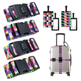 Hivia Set of 4 Suitcase Straps - Suitcase Straps 4 Pieces + 4 Suitcase Marking, Suitcase Strap with Lock Suitcase Accessories Adjustable Multifunctional Luggage Strap | Grid