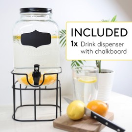 JS Gourmet 4L Glass Beverage Dispenser with Metal Base Stand, Spigot, Blackboard Sticker with Chalk and Leak-proof Metal Lid, Drink Jar for Water, Juice, Liquor, Iced Punch, Sun Tea