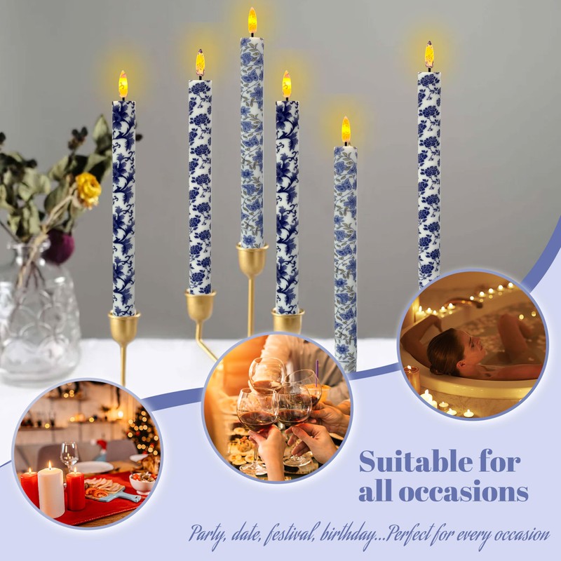 Chinoiserie LED Candles Flameless Candlesticks-6pcs Timer Blue Flower Battery Operated