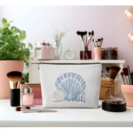 Dejfel Preppy Blue Sea Shell Makeup Bag for Women,Ocean Shells Beach Pouch for Sunscreen Leather Small Zipper Pouch for Purse,Travel Organizer Pouch Small Makeup Bag for Purse