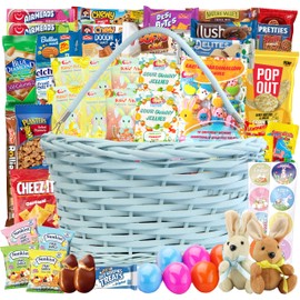 Easter Blue Oval Willow Basket (70 ct) Filled with Treats, Snacks, Candy, Peelable Gummies, Marshmallow Gummies, Bunny and More, Great Package for Family, Friends, Boys and Girls