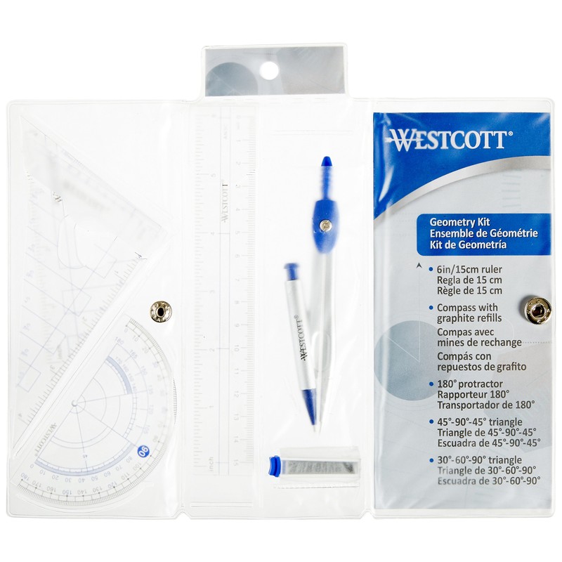 Westcott Six Piece Geometry Tool Kit with Pouch, Assorted Colors,